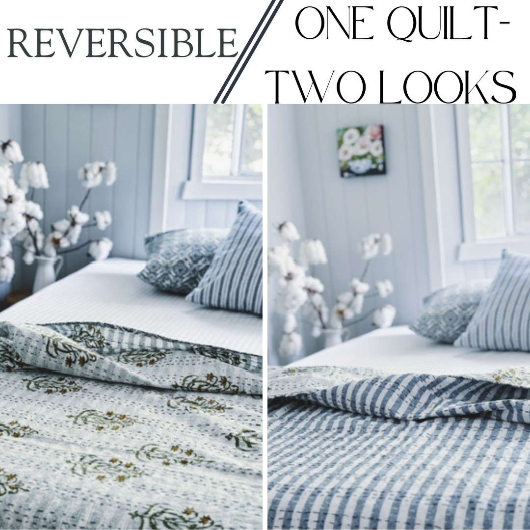 Blue Hamptons Fleur & Stripes Kantha Quilt