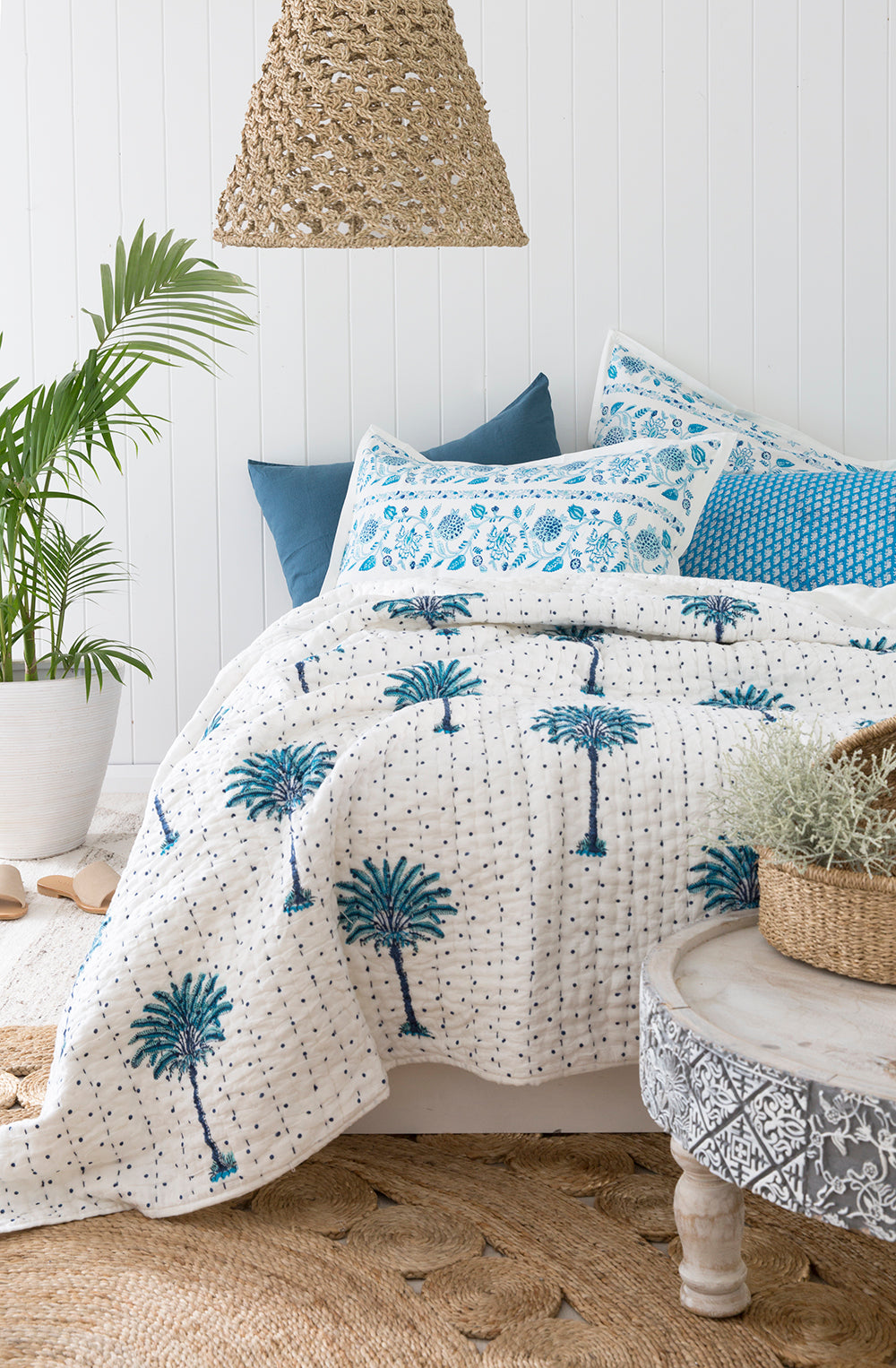 Blue Boho Polka Dot Palm Tree Kantha Quilt plus Quilted Pillowcase Bundle