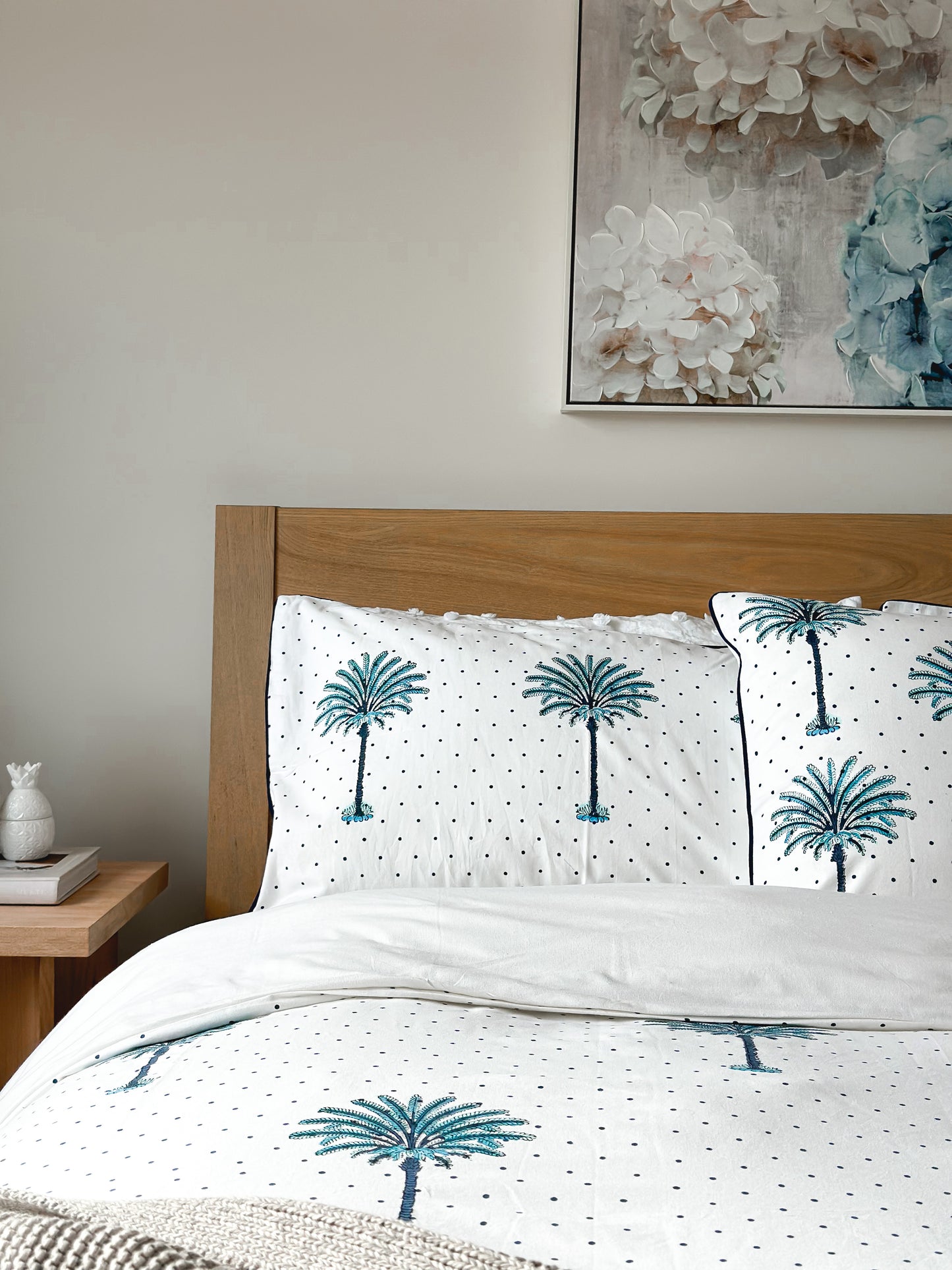 Boho Blue Polka Dot Palm Trees Pillow Case