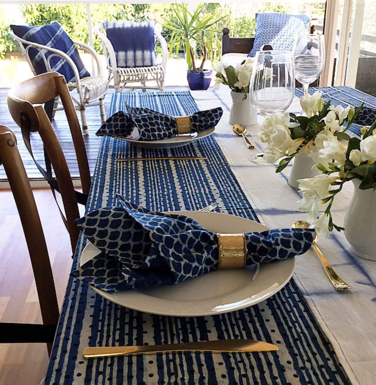 Indigo Dots and Stripes Hamptons Tablecloth