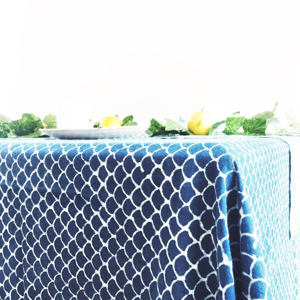 Indigo Fish Scales Tablecloth  | Peacocks and Paisleys