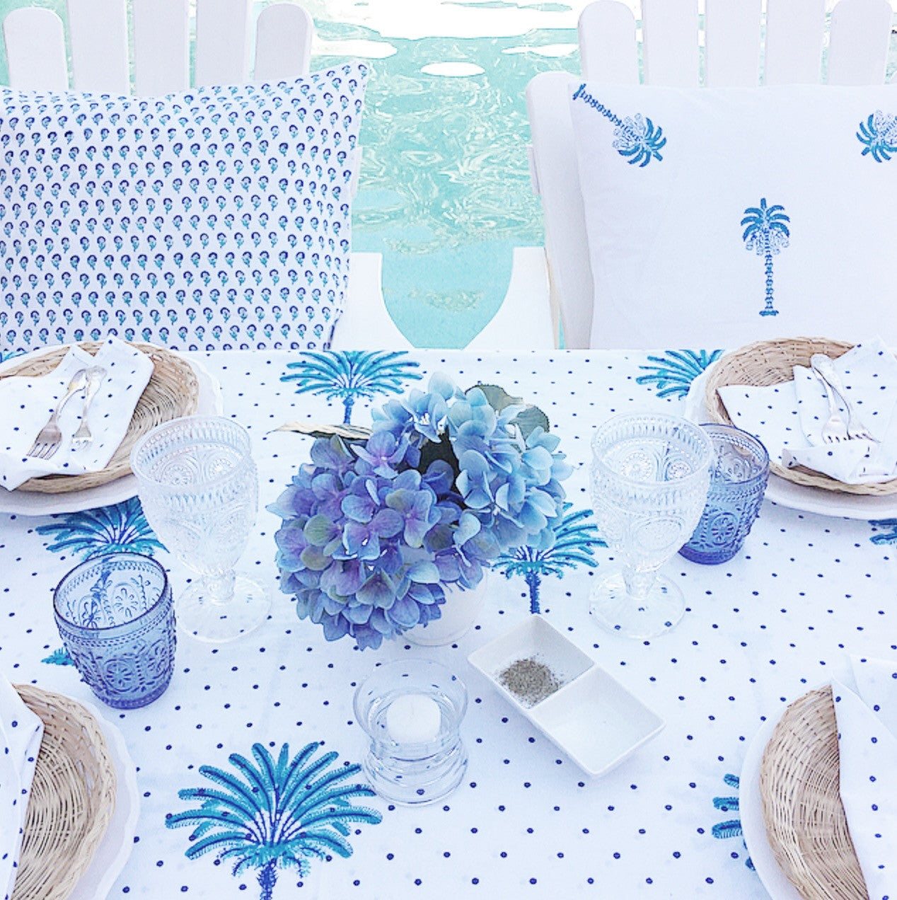 Boho Blue Palm Hamptons Tablecloth| Peacocks and Paisleys