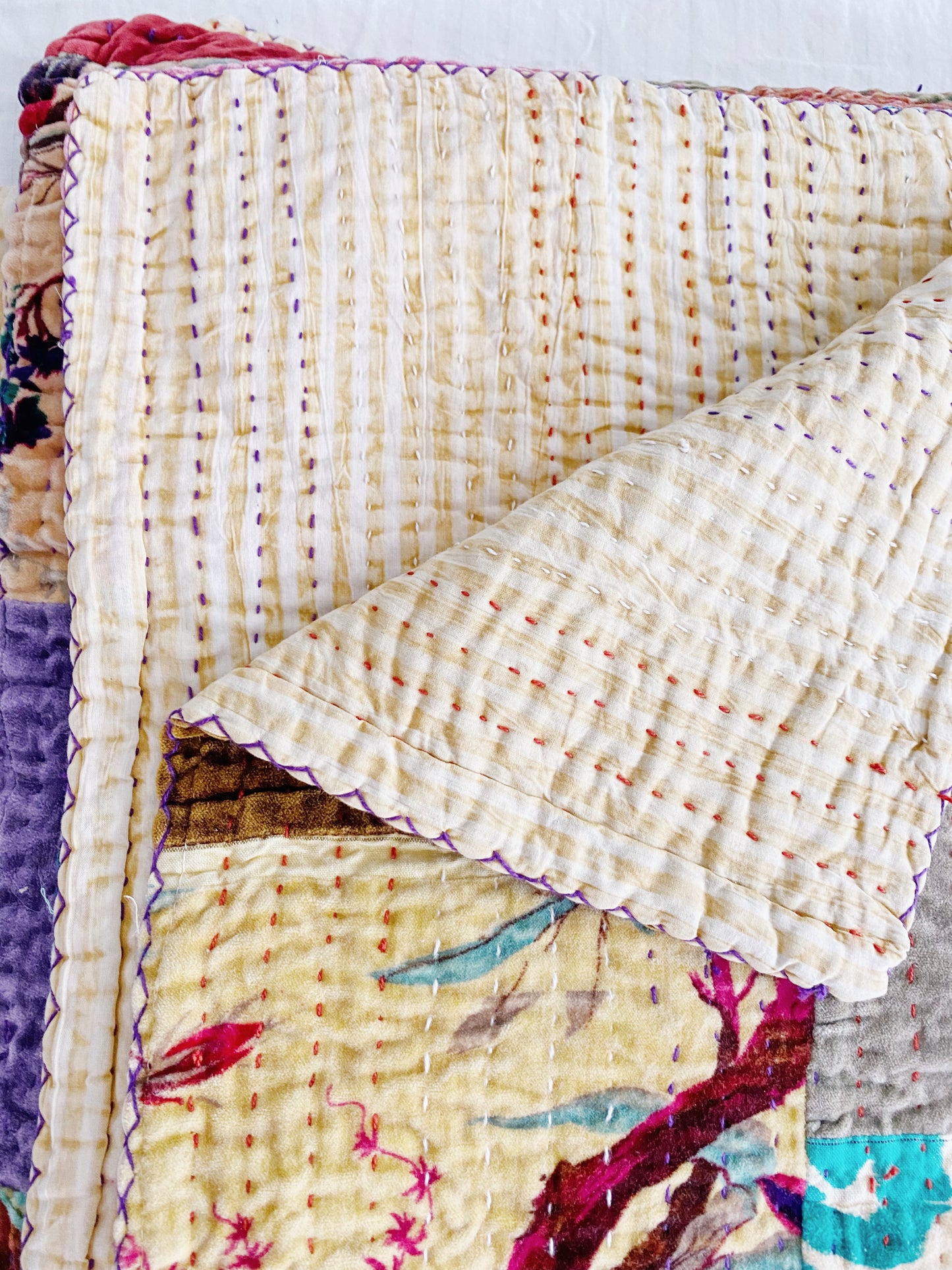 Patchwork Velvet Birds of Paradise Kantha Quilt