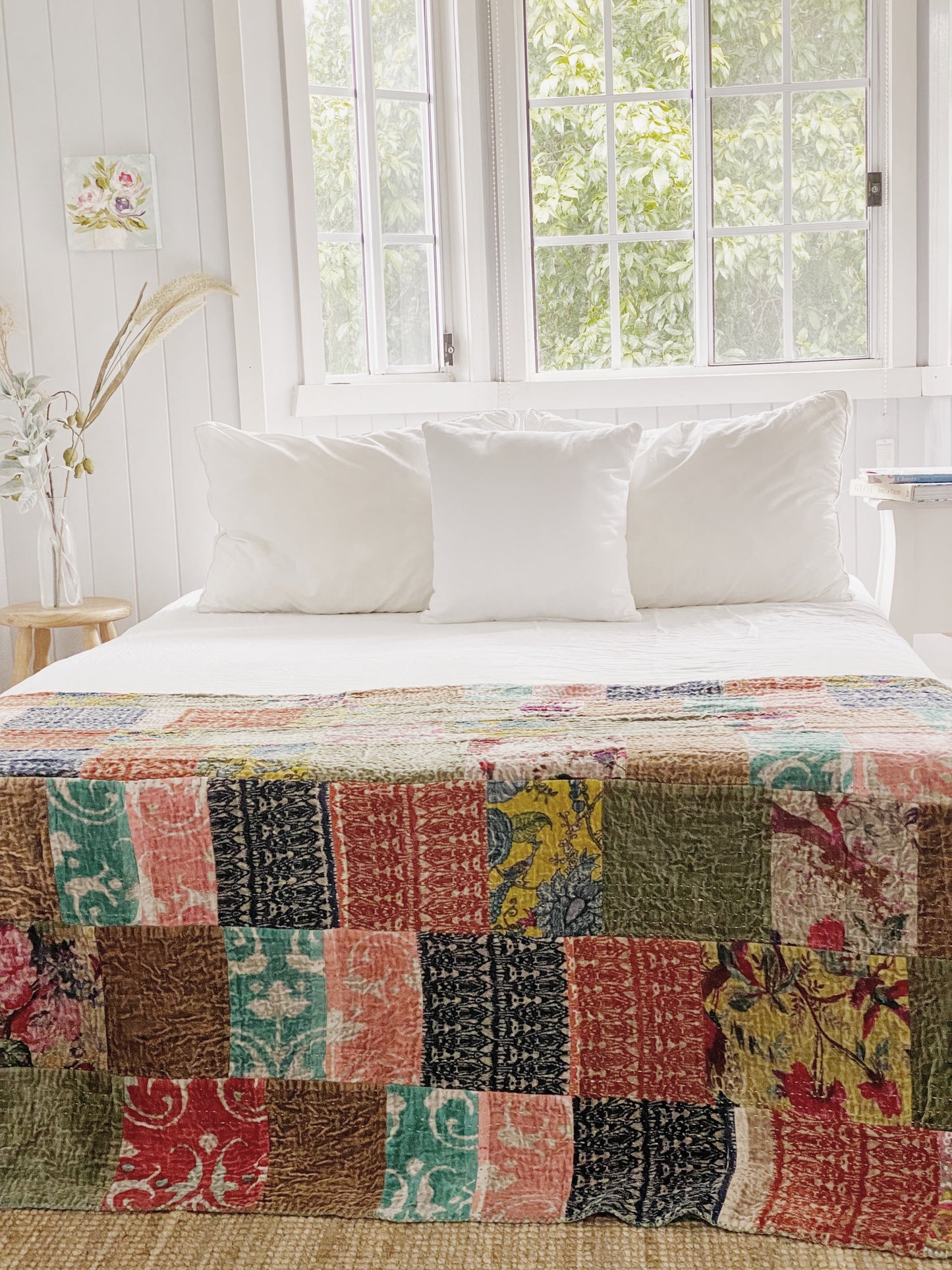 Stripes and florals Patchwork Velvet Kantha Quilt