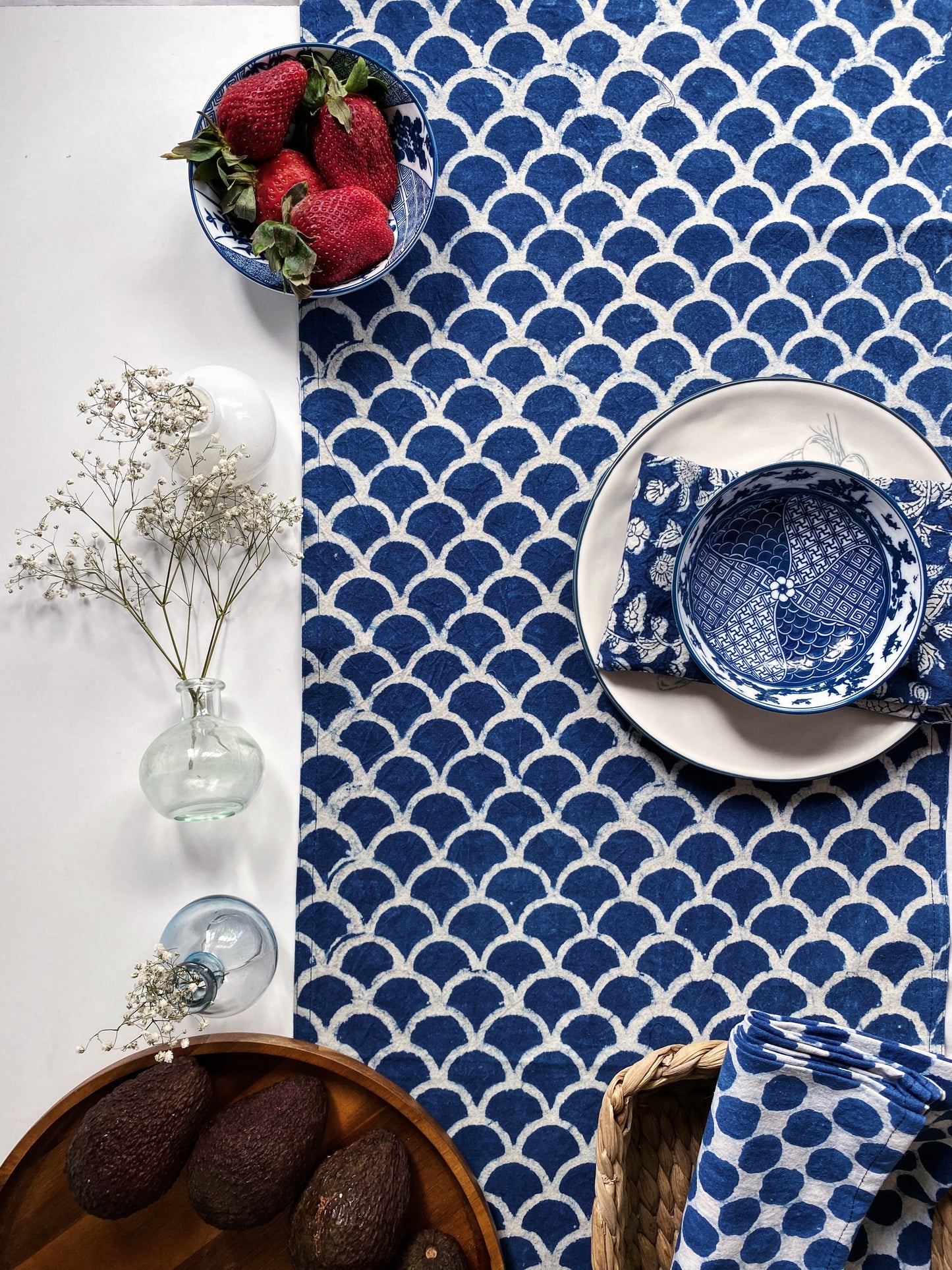 Indigo Hamptons Fish Scales Table Runner