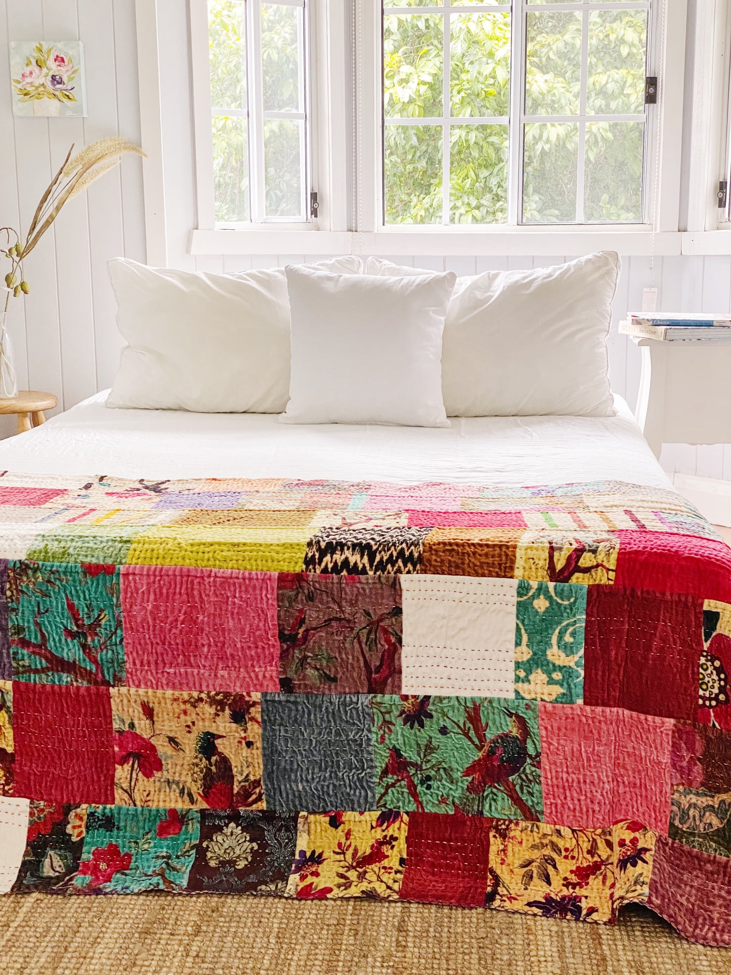 Patchwork Velvet Birds of Paradise Kantha Quilt