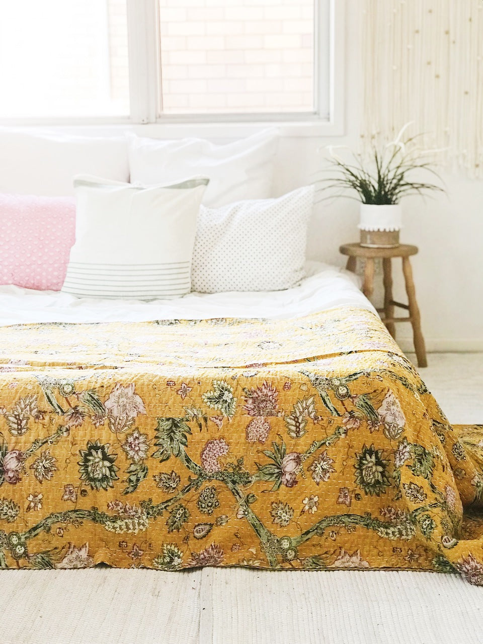 Mustard Jardin Kantha Quilt -Single size