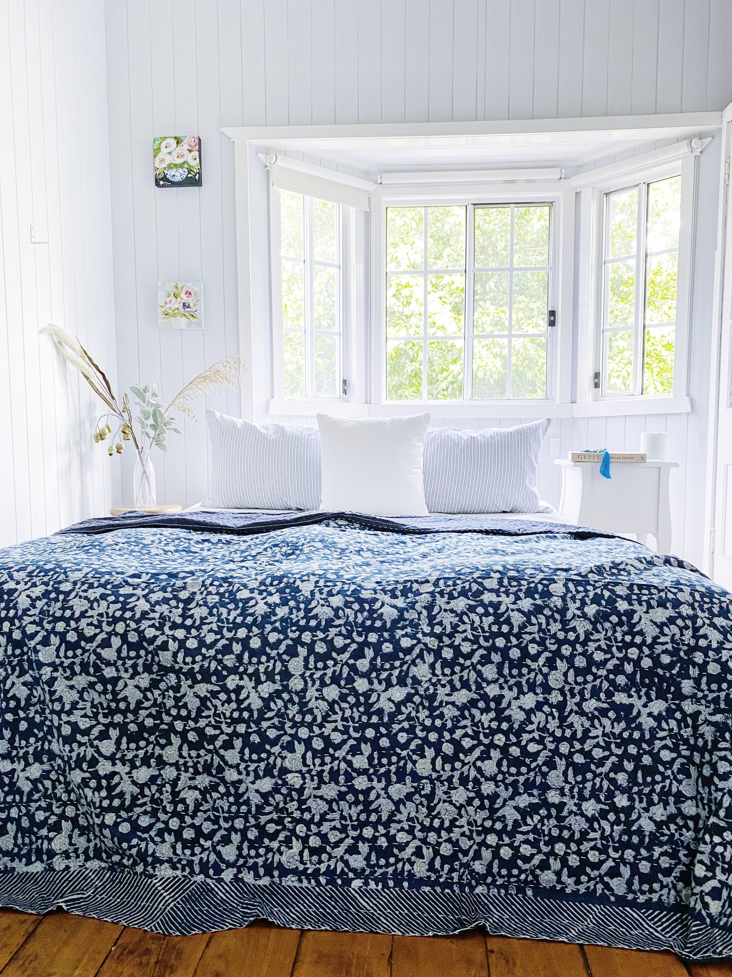 Indigo Hamptons Floral Kantha Quilt  ( Large Quilt)