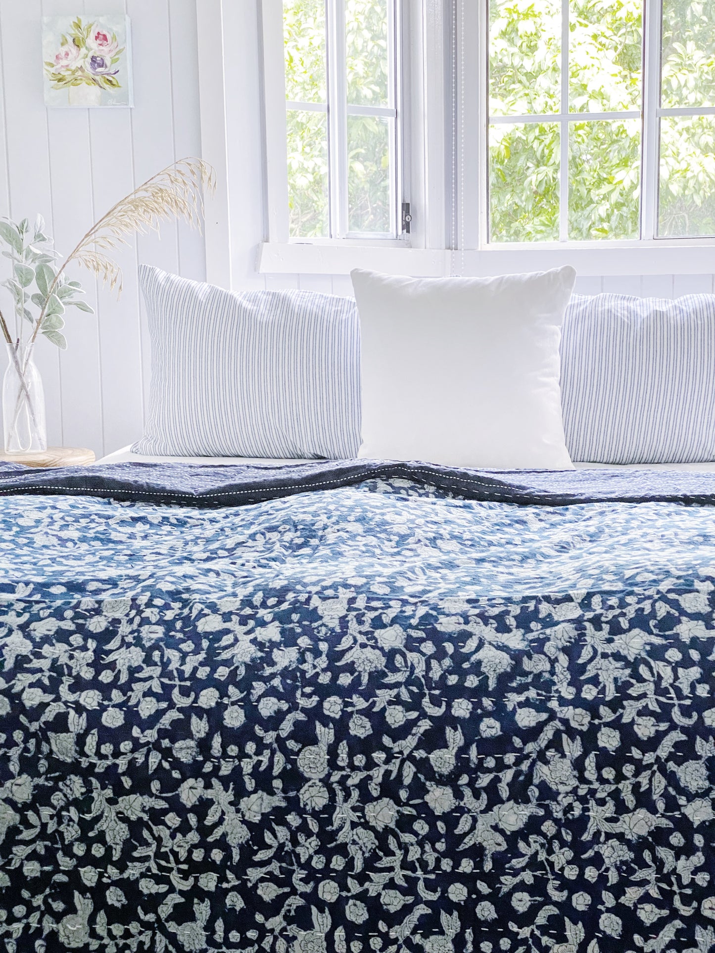 Indigo Hamptons Floral Kantha Quilt  ( Large Quilt)