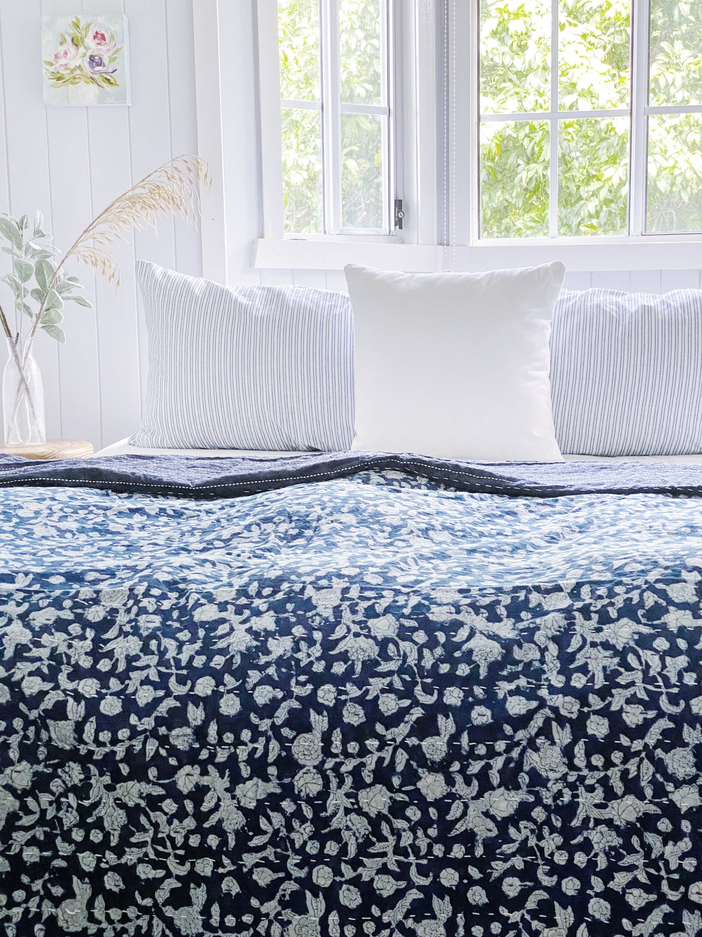 Indigo Hamptons Floral Kantha Quilt ( Large Quilt)