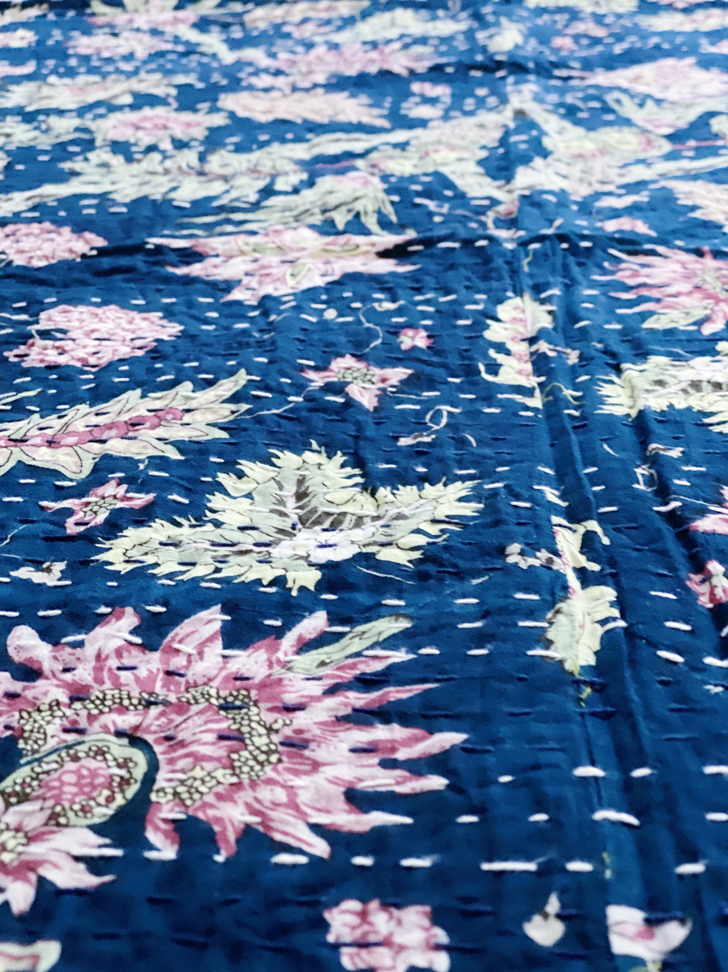 Navy Blue Jardin Kantha Quilt-Single size