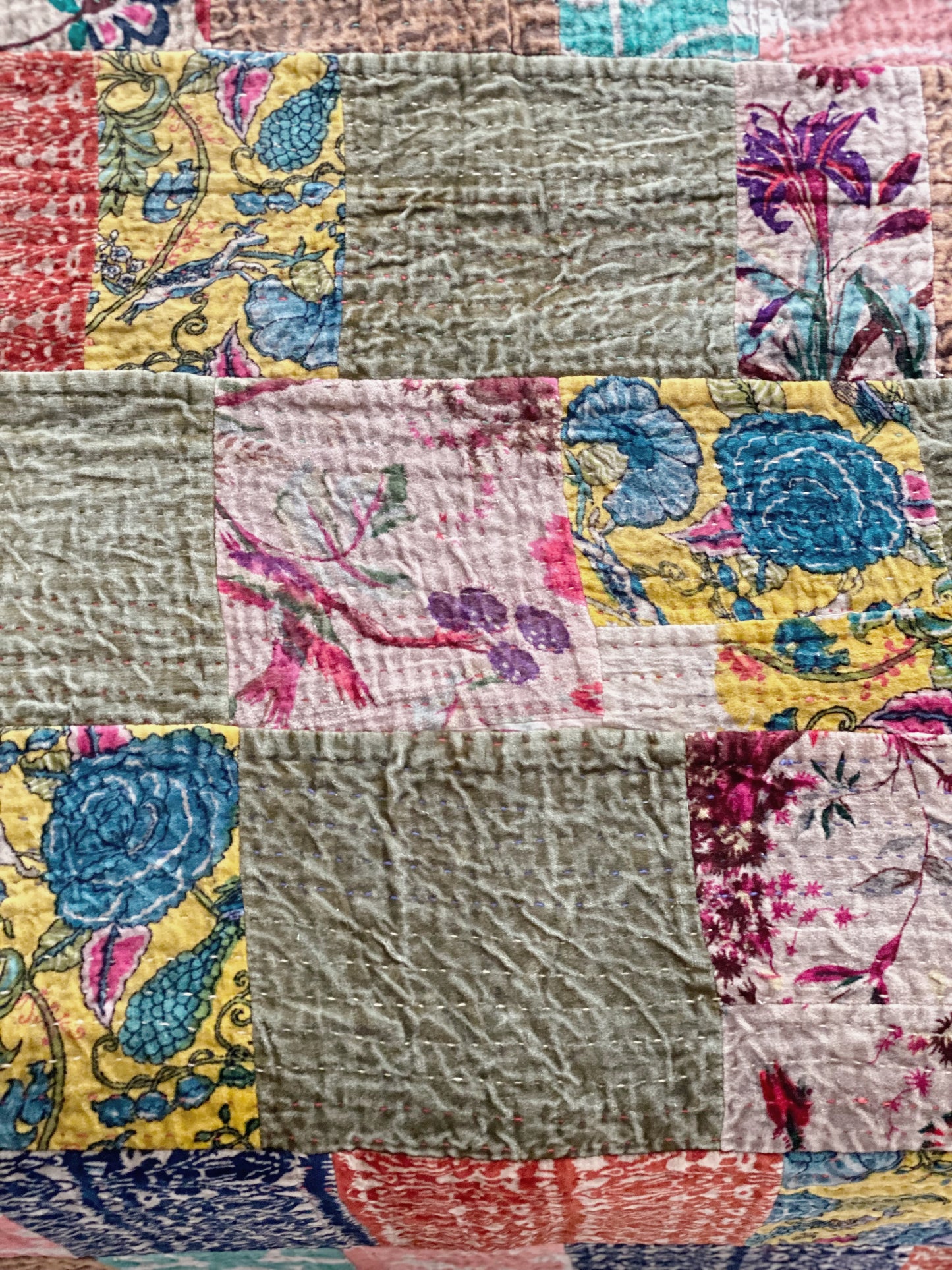 Stripes and florals Patchwork Velvet Kantha Quilt