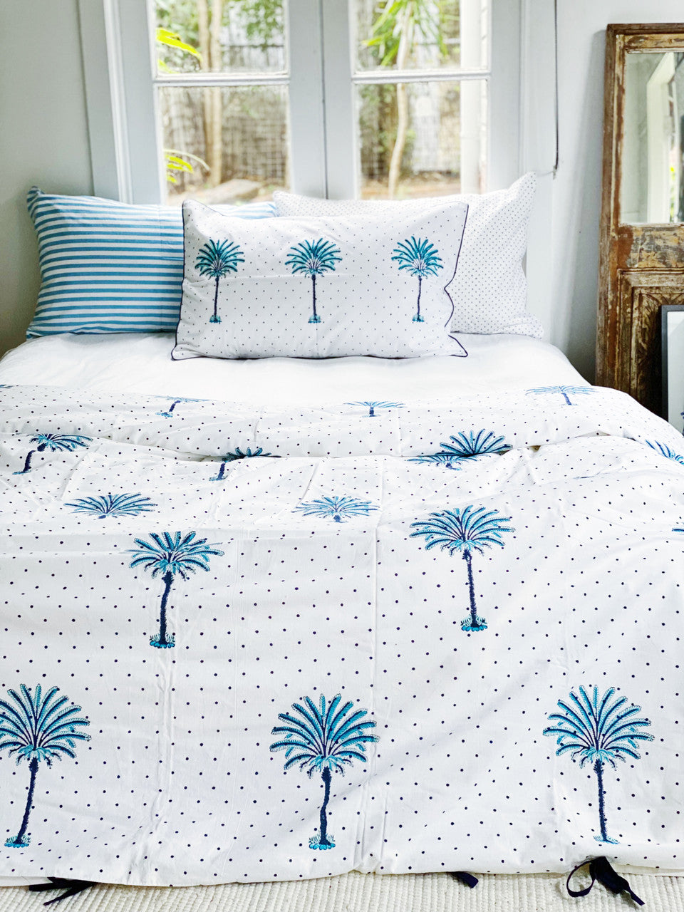 Blue Boho Polka Dot Palm Tree Quilt Cover