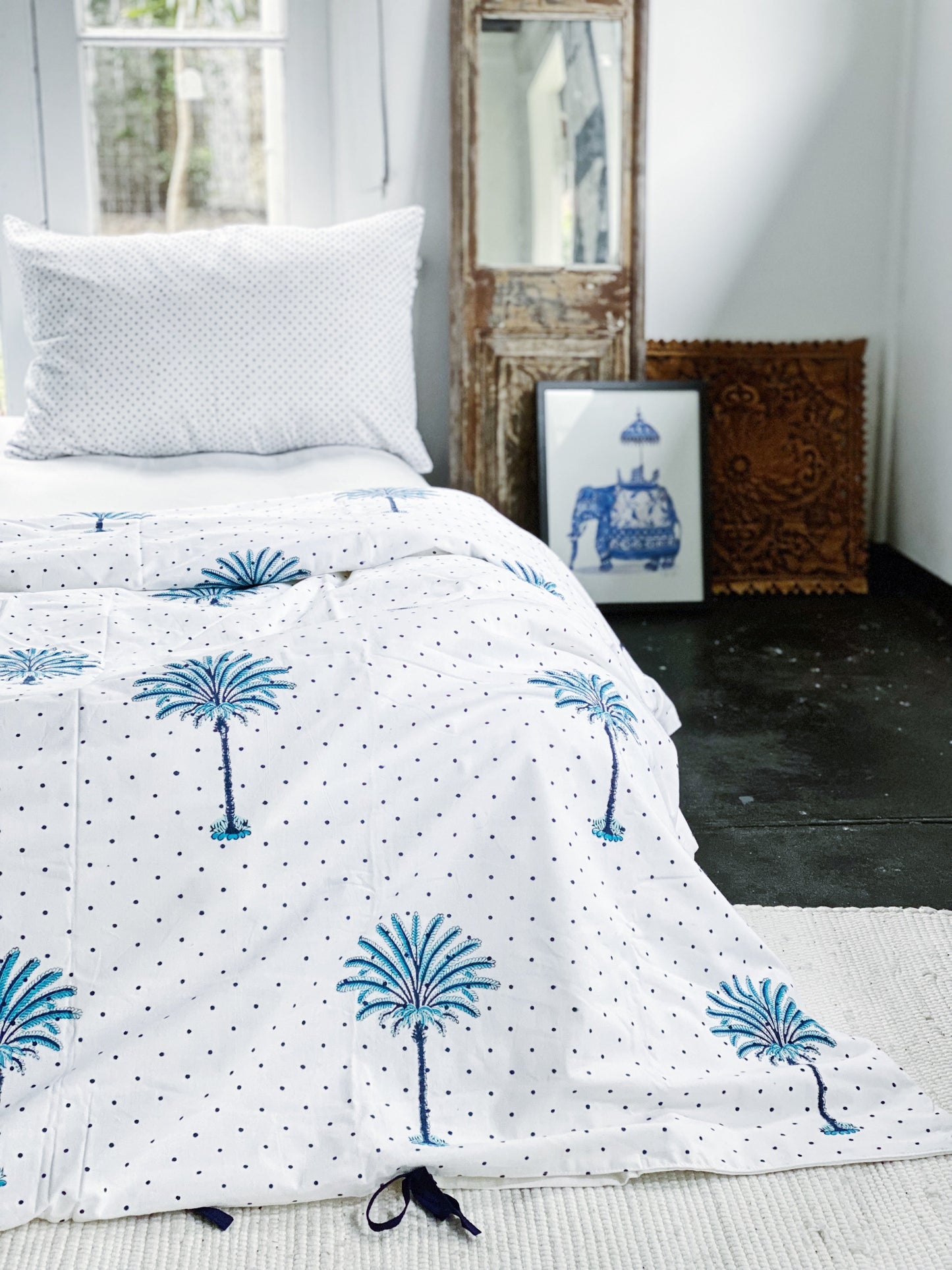 Blue Boho Polka Dot Palm Tree Quilt Cover