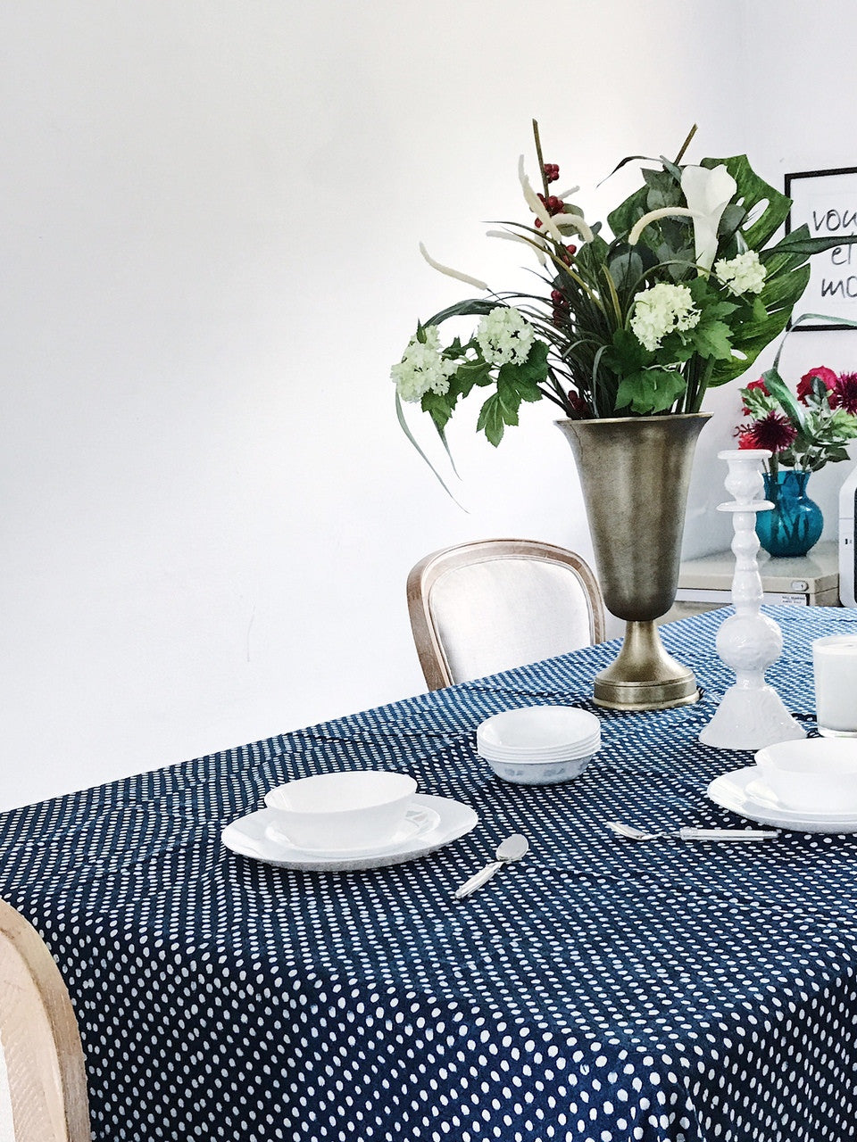 Indigo Dotty Tablecloth | Peacocks and Paisleys