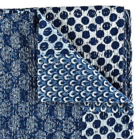 Indigo Patchwork Hand Block Printed Kantha Quilt | Peacocks and Paisleys