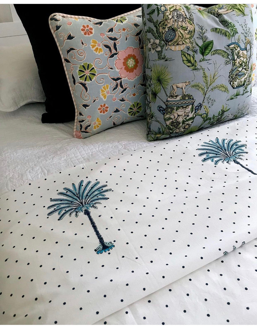 Blue Boho Polka Dot Palm Tree Quilt Cover