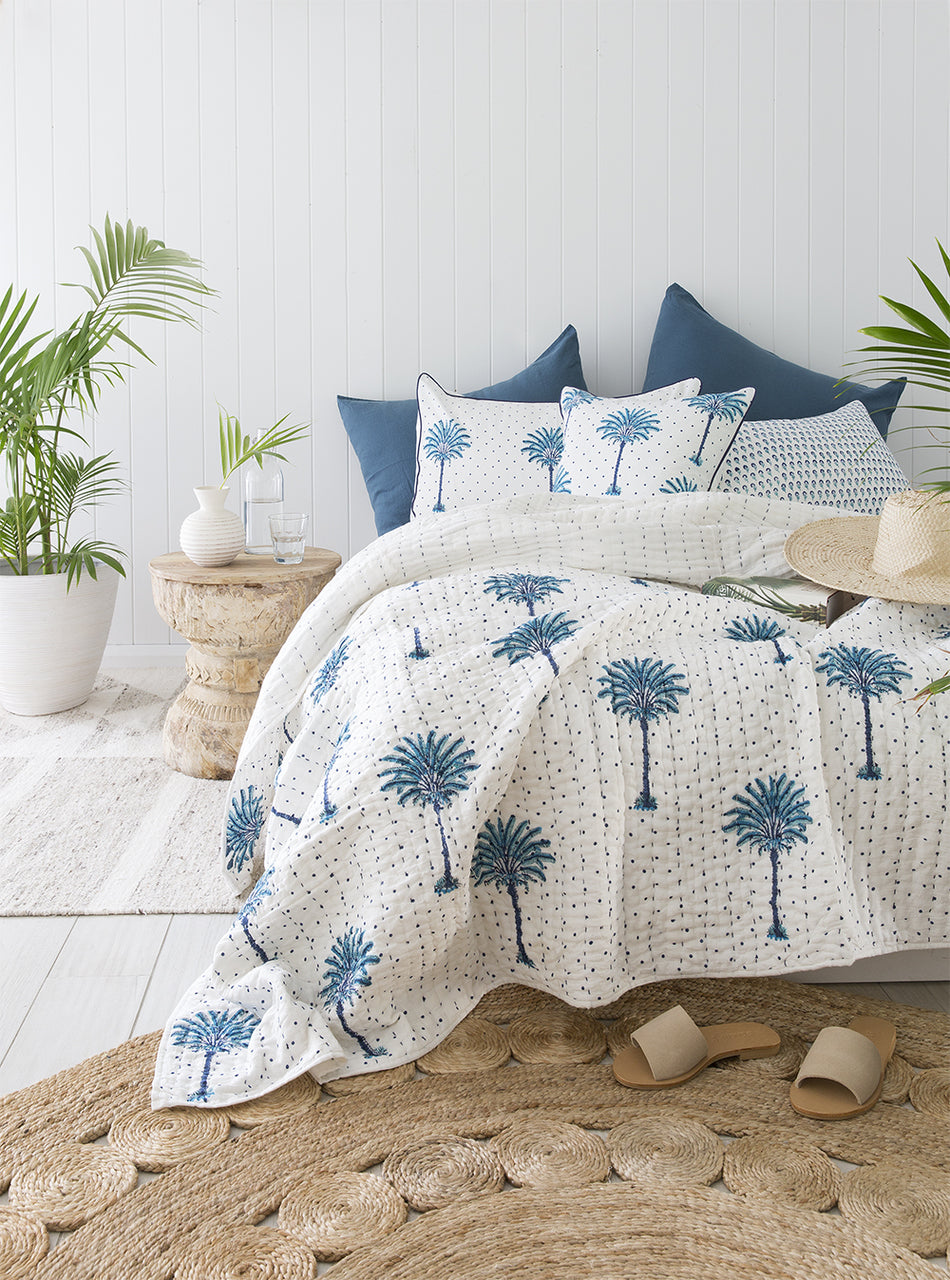 Blue Boho Palm Tree Polka Dot Euro Cushion Cover Peacocks And Paisleys PEACOCKS AND PAISLEYS