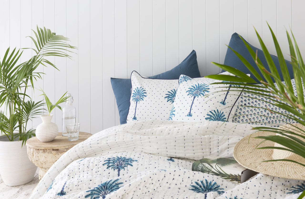 Blue Boho Polka Dot Palm Trees Kantha Quilt