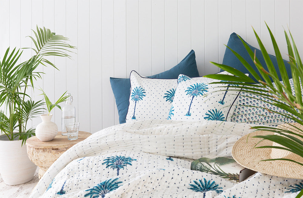 Blue Boho Palm Tree Polka Dot Euro Cushion Cover