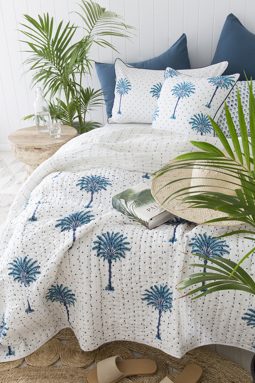 Blue Boho Polka Dot Palm Trees Kantha Quilt | Peacocks and Paisleys