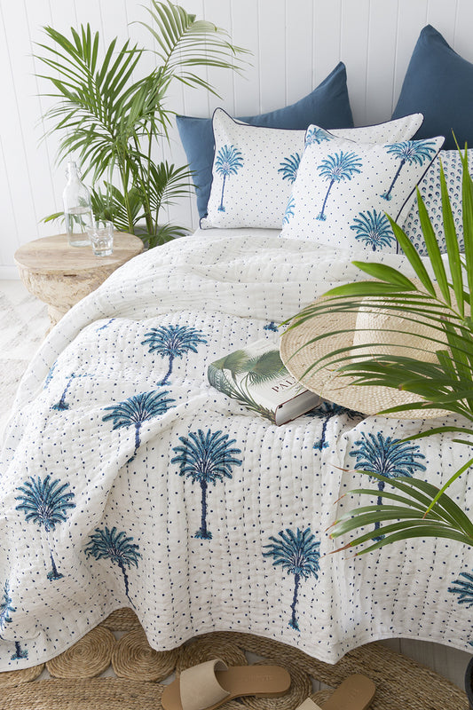 Blue Boho Polka Dot Palm Trees Kantha Quilt | Peacocks and Paisleys