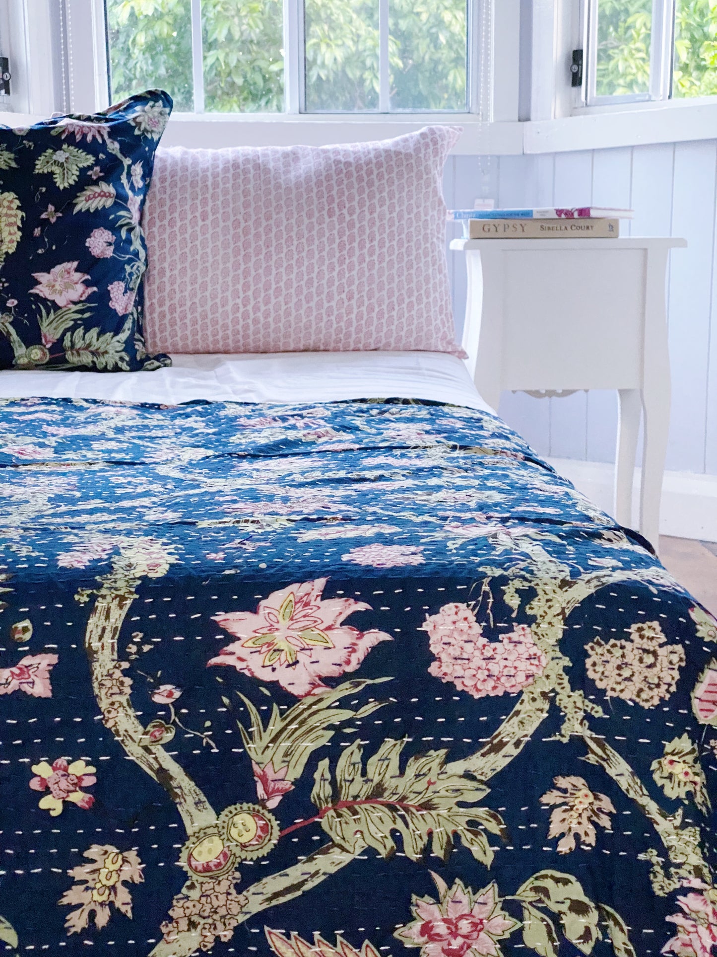 Navy Blue Jardin Kantha Quilt