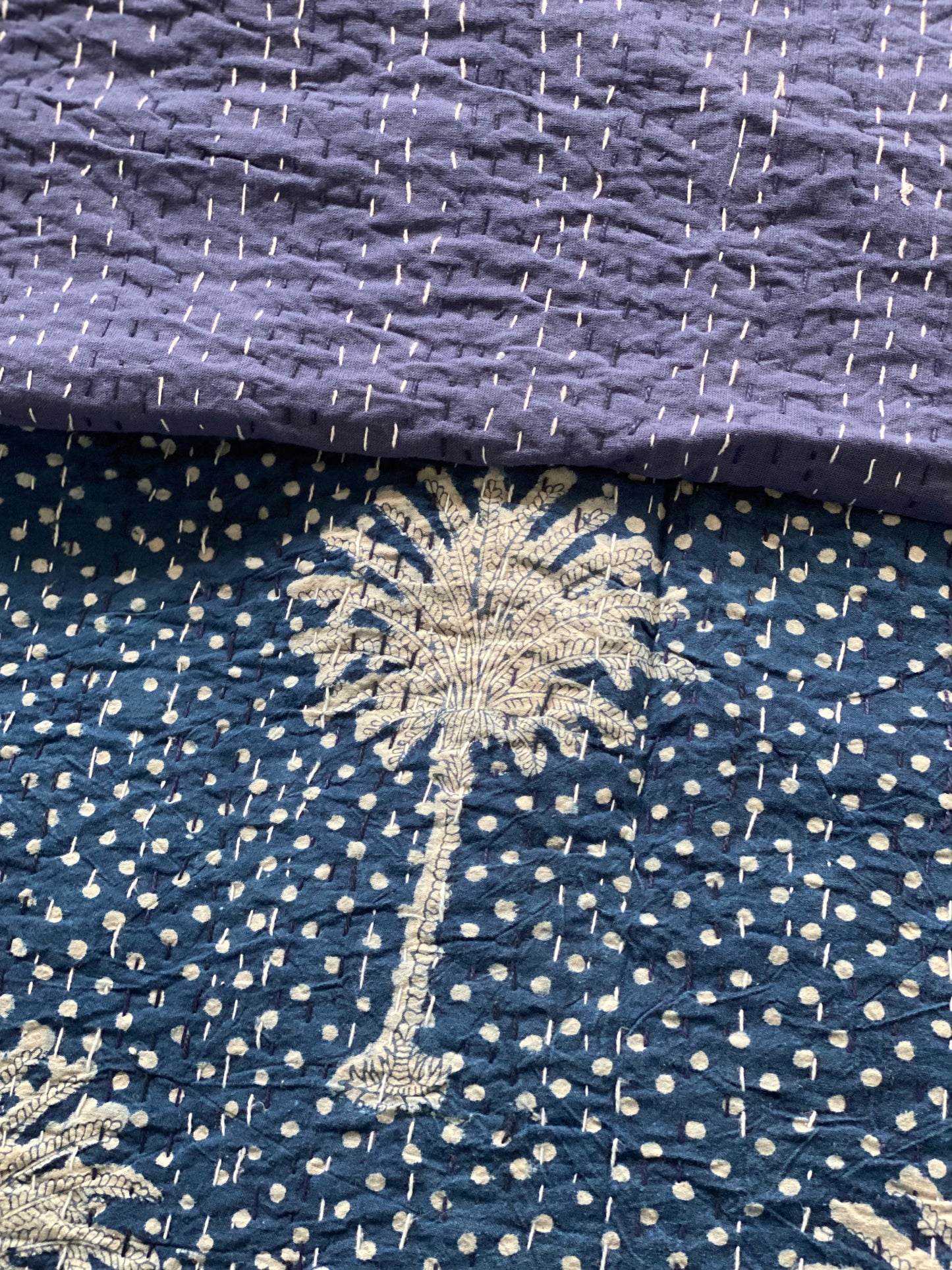 Indigo Polka Dot Palms Kantha Quilt ( Extra Large Quilt)