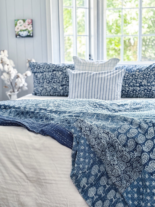 Coastal Living Indigo Patchwork Hand Block Printed Kantha Quilt Bundle