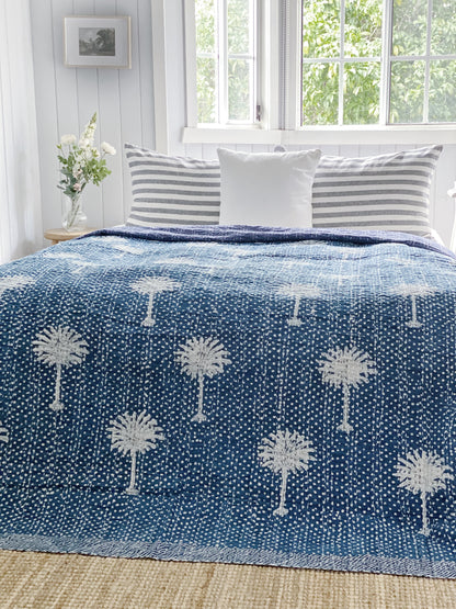 Indigo Polka Dot Palms Kantha Quilt ( Extra Large Quilt)