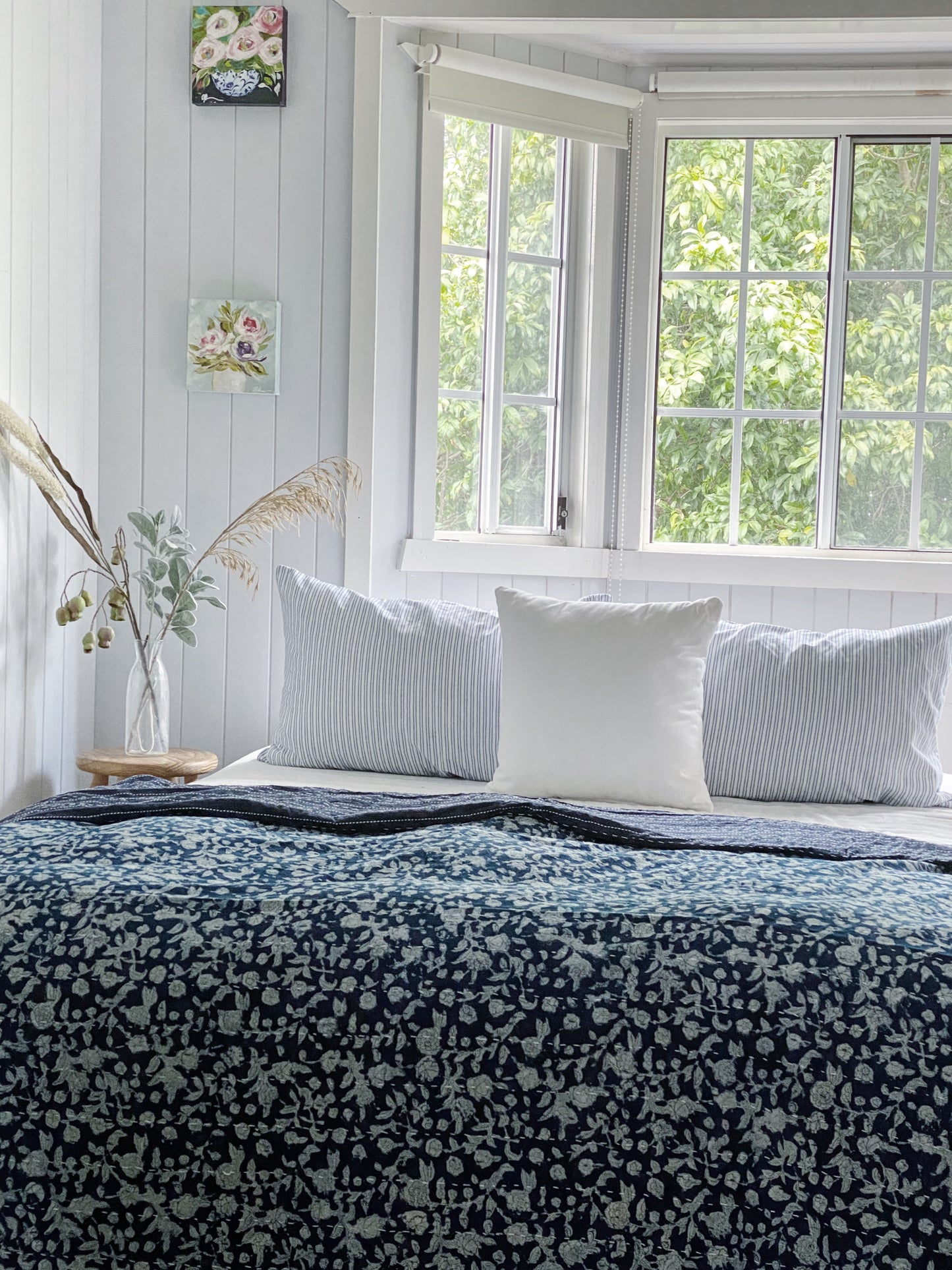 Indigo Hamptons Floral Kantha Quilt  ( Large Quilt)