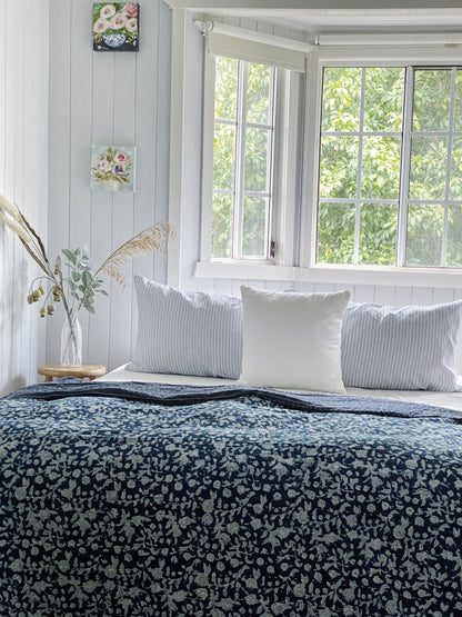 Indigo Hamptons Floral Kantha Quilt  ( Large Quilt)