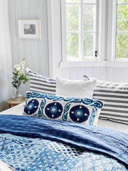 Indigo Suzani Long Lumbar Cushion Cover