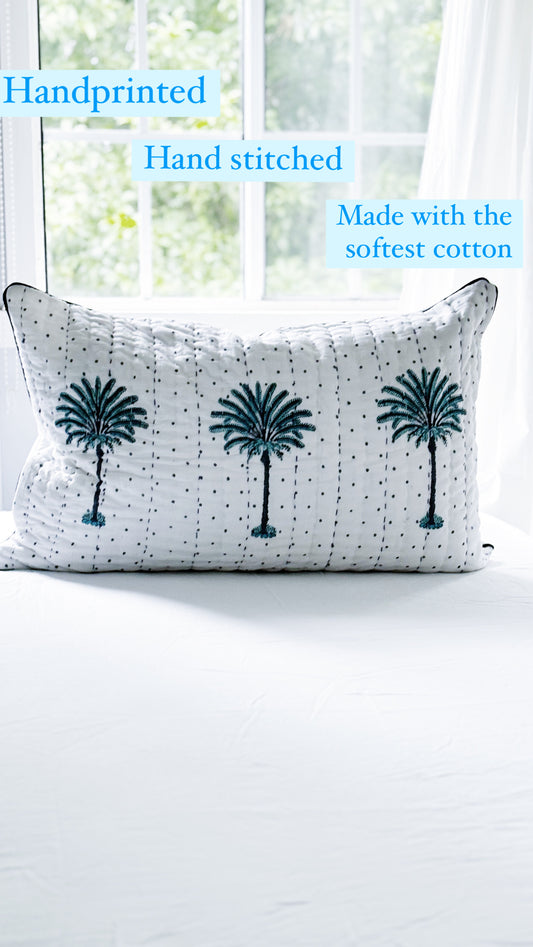 Blue Polka Dot Palm Tree Quilted Pillowcase