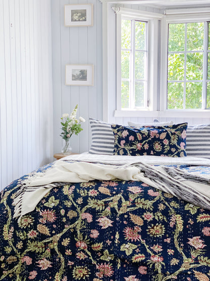 Navy Blue Jardin Kantha Quilt