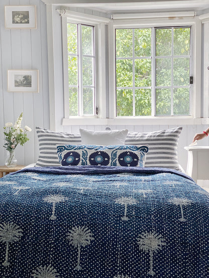 Indigo Polka Dot Palms Kantha Quilt ( Extra Large Quilt)