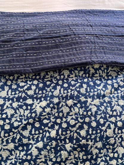 Indigo Hamptons Floral Kantha Quilt  ( Large Quilt)