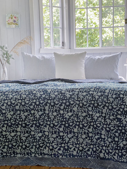 Indigo Hamptons Floral Kantha Quilt  ( Large Quilt)