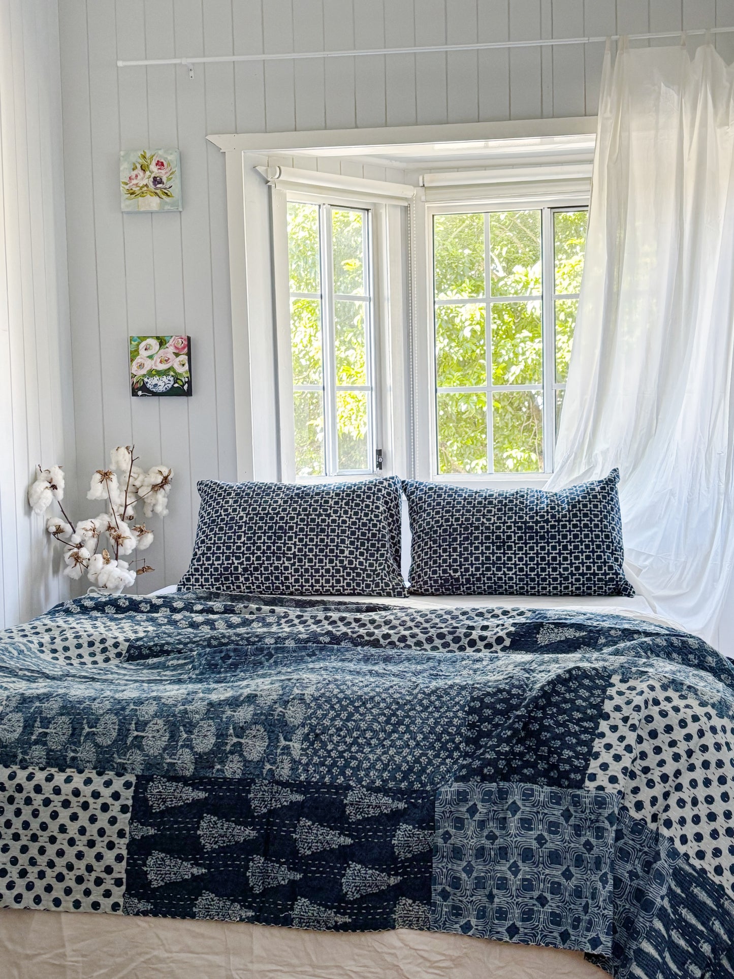 Coastal Living Indigo Patchwork Hand Block Printed Kantha Quilt Bundle