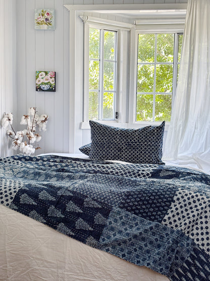 Coastal Living Indigo Patchwork Hand Block Printed Kantha Quilt Bundle