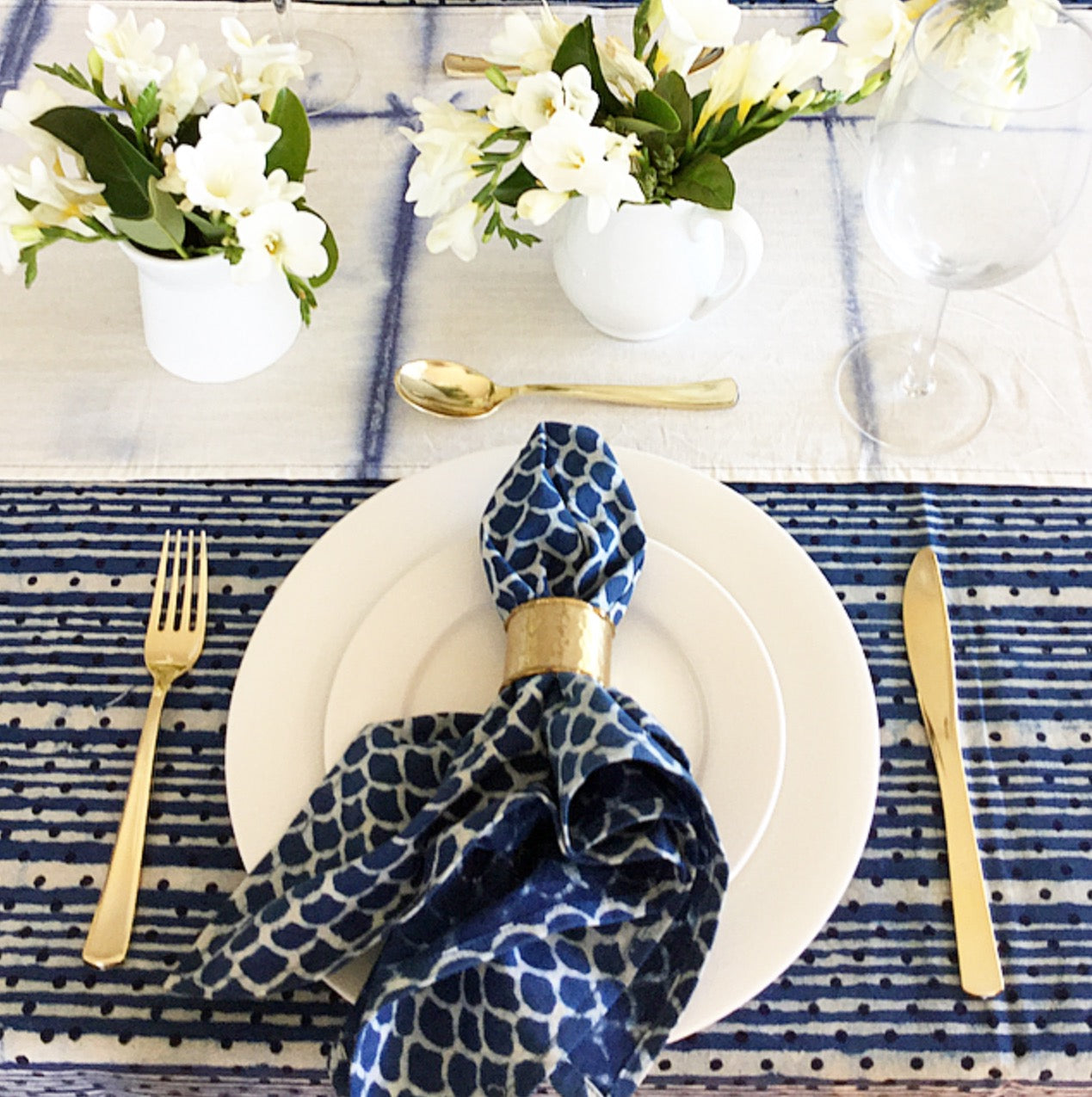 Indigo Dots and Stripes Hamptons Tablecloth