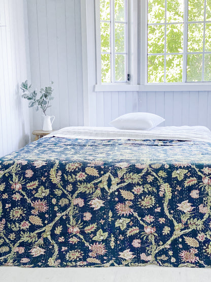 Navy Blue Jardin Kantha Quilt Bundle