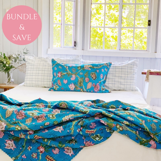 Blue Cottagecore Jardin Kantha Quilt Bundle