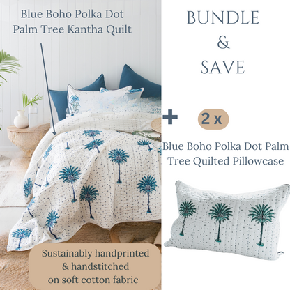 Blue Boho  Polka Dot Palm Tree Kantha Quilt plus Quilted Pillowcase Bundle