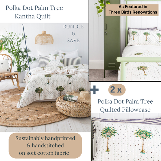 Polka Dot Palm Tree Kantha Quilt plus Quilted Pillowcase Bundle