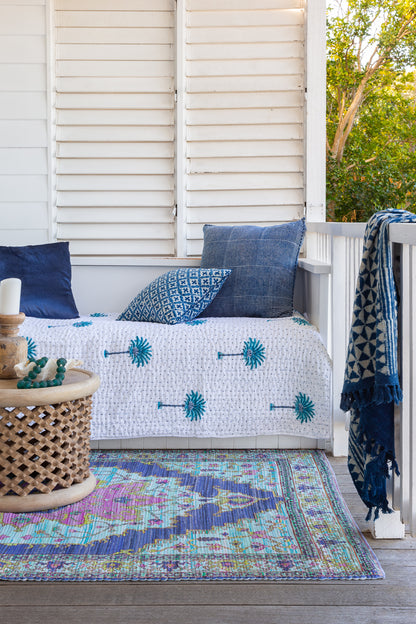 Blue Boho  Polka Dot Palm Tree Kantha Quilt plus Quilted Pillowcase Bundle