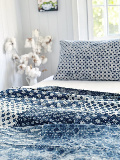 Coastal Living Indigo Patchwork Hand Block Printed Kantha Quilt Bundle