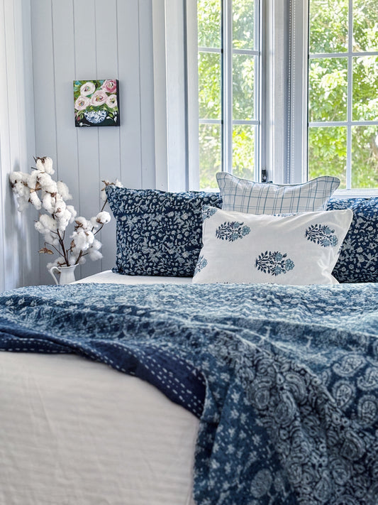 Coastal Living Indigo Patchwork Hand Block Printed Kantha Quilt Bundle
