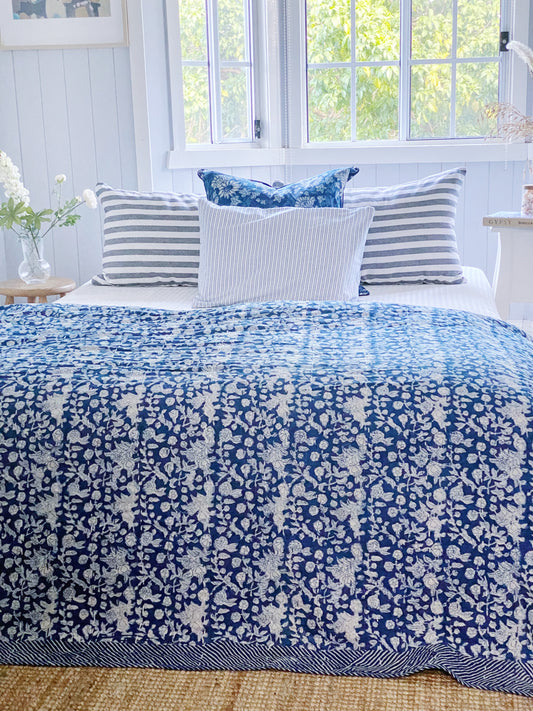 Indigo Hamptons Floral Kantha Quilt  ( Extra Large Quilt)