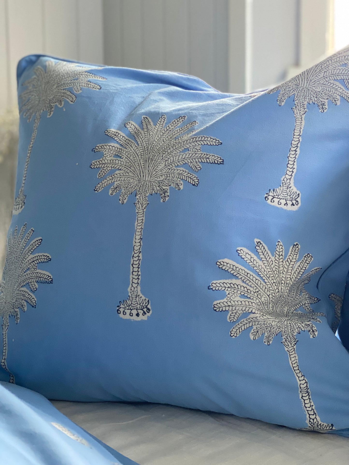 Blue Beachhouse Palms Cushion Cover